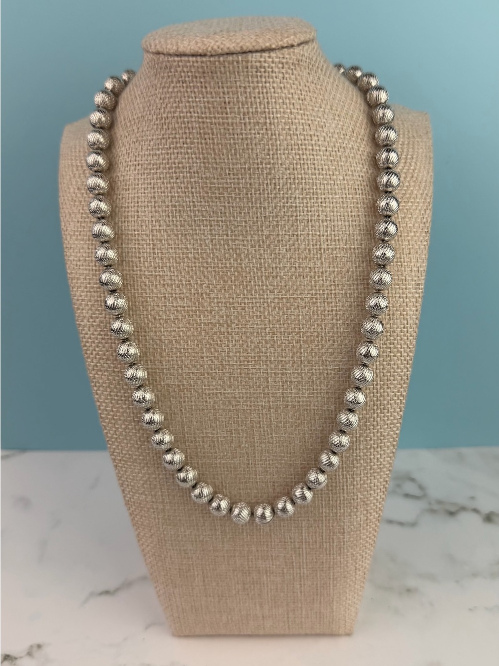 Vintage Crown Trifari Silver Tone Textured Bead Necklace